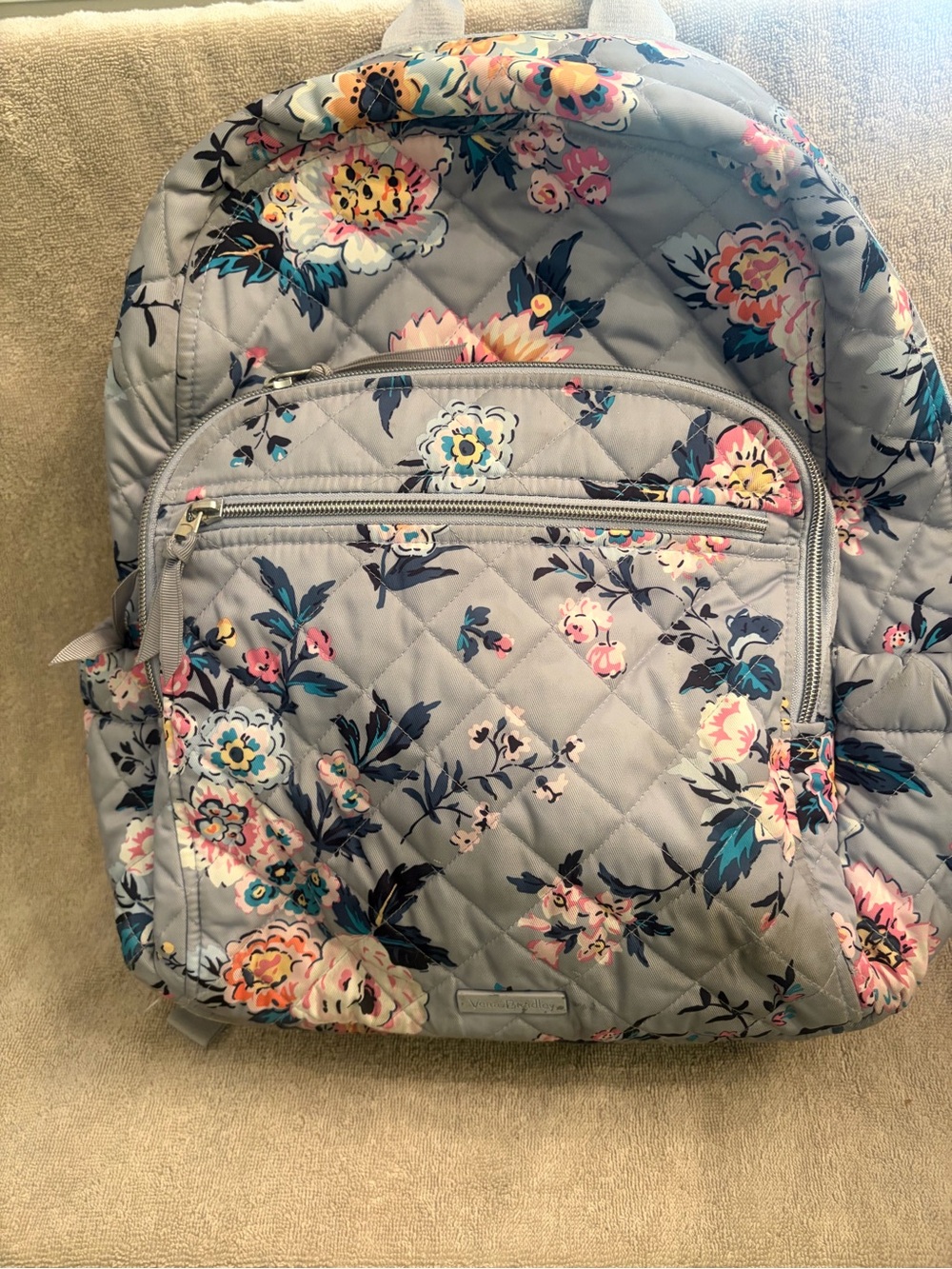 Quilted Floral Backpack - Light Gray with Pink & Teal Flowers